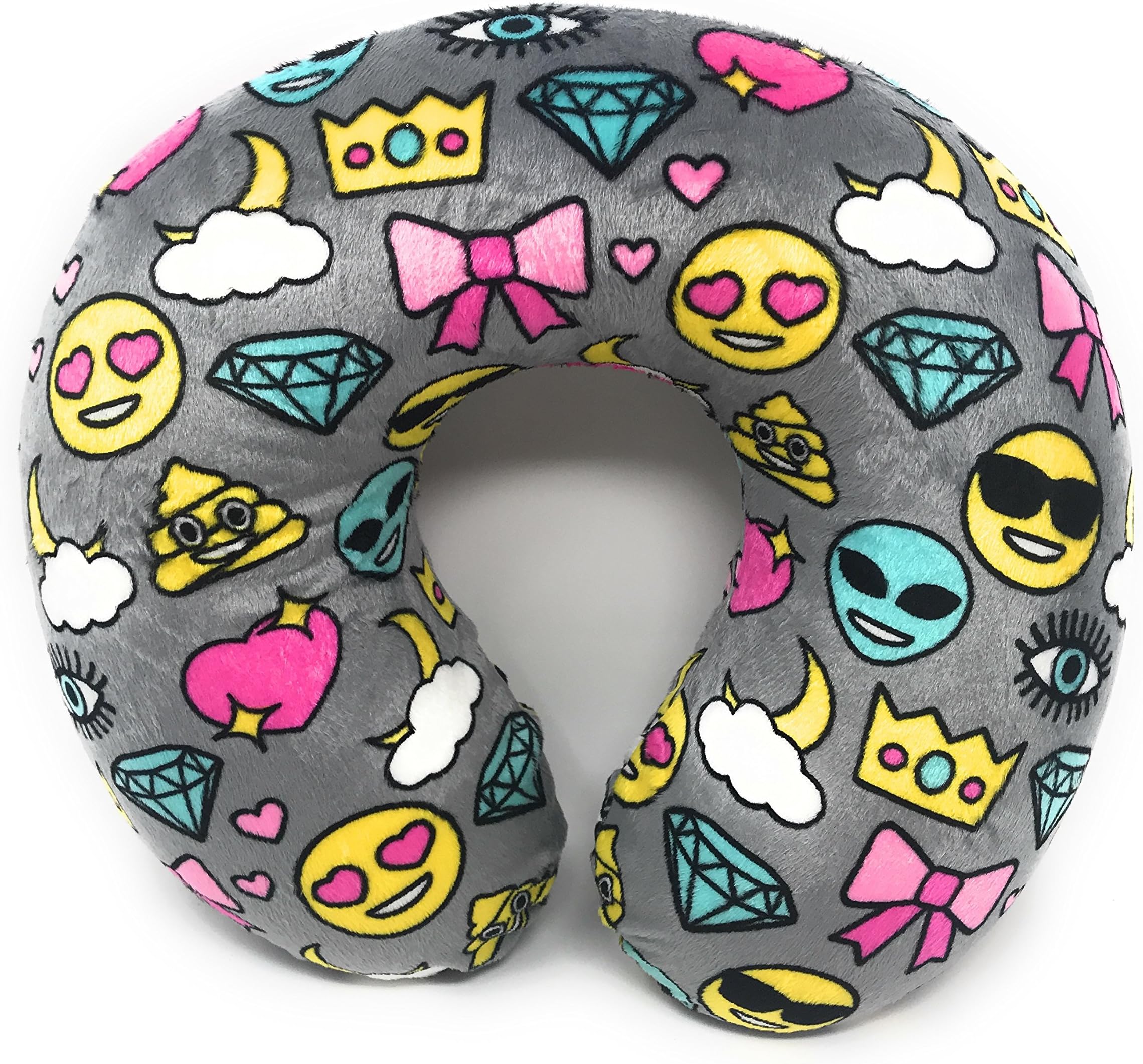Kysse Boutique Emoji Faces Pink Velvet Memory Foam U Shaped Travel Pillow Neck Support Head Rest Cushion Plush Soft Teens Emojies Expressions Faces Gray