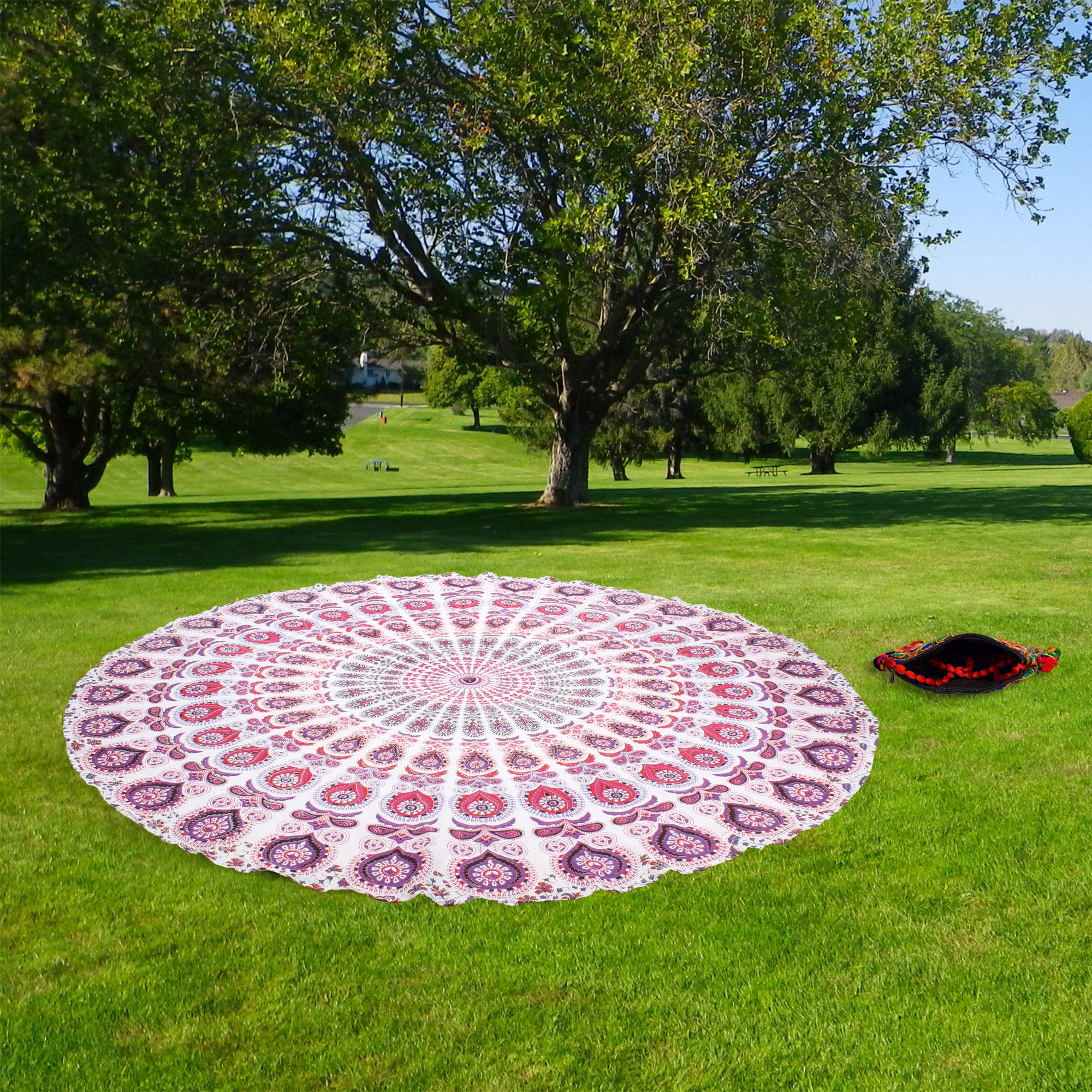 raajsee White Pink Round Beach Tapestry Hippie/Boho Beach Blanket Mandala/Indian Cotton Throw - Round Tablecloth/Home Decor/Indie Rug Yoga Mat Meditation Picnic Rugs 127 CM / 50 INCHE Circle โ image 1