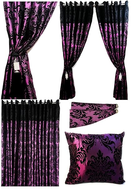 Pair Of Full Flock Damask Two Tone Fully Lined Eyelet Curtains