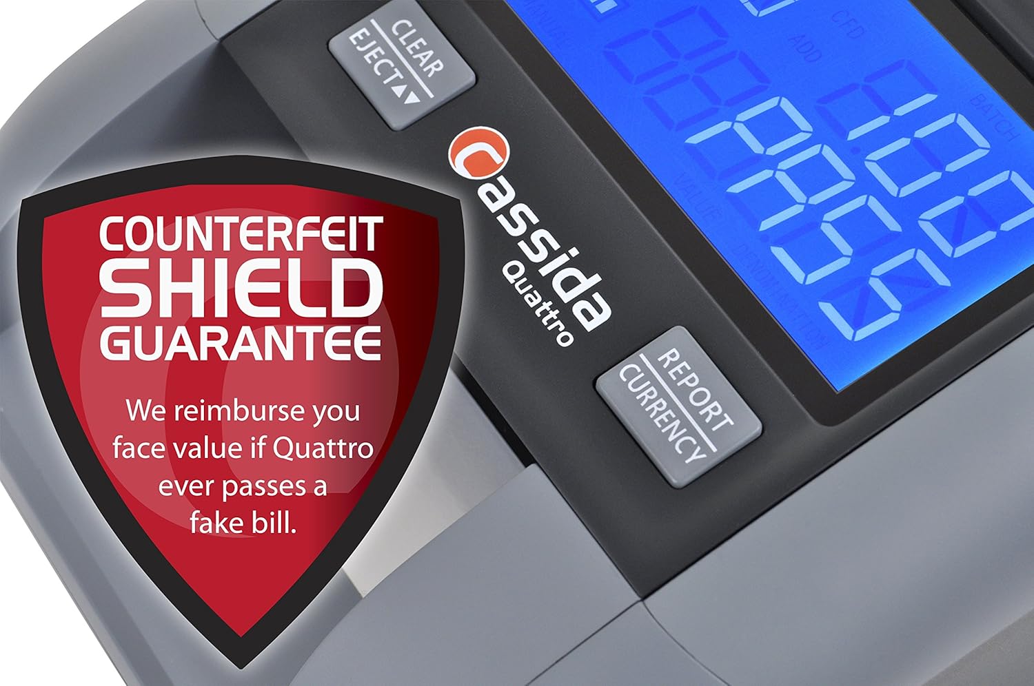 Cassida Quattro Fast Automatic Currency Counterfeit Detector with Advanced Sensors (UV, MG, IR, MT, WT, Thickness, Size) - All-Orientation Feeding - Rechargeable Battery - 3.5" Value & Pass/Fail Display : Office Products