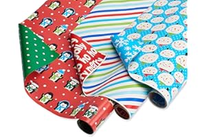 American Greetings 120 sq. ft. Reversible Kids Christmas Wrapping Paper Bundle, Stripes, Blue Snowmen and Red Penguins (3 Rol