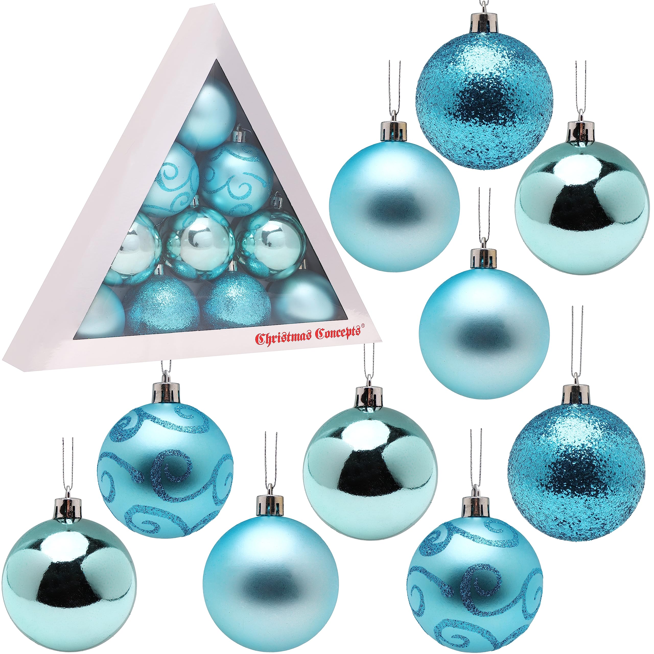 Christmas Concepts® Pack of 10-60mm Christmas Tree Baubles - Shiny, Matte & Glitter Decorated Baubles (Turquoise)