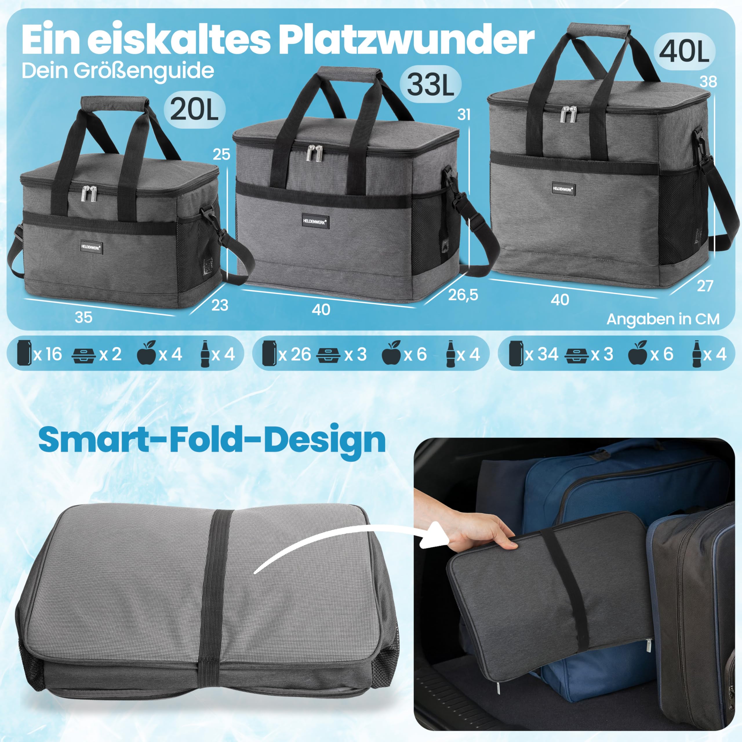 HELDENWERK Kühltasche groß 33L faltbar – Kühlbox bis zu 12h Kühlleistung auslaufsicher & wasserdicht – Thermotasche, Picknicktasche, Lunchtasche, Isoliertasche mit 7 Fächern – verstärkter Boden 6