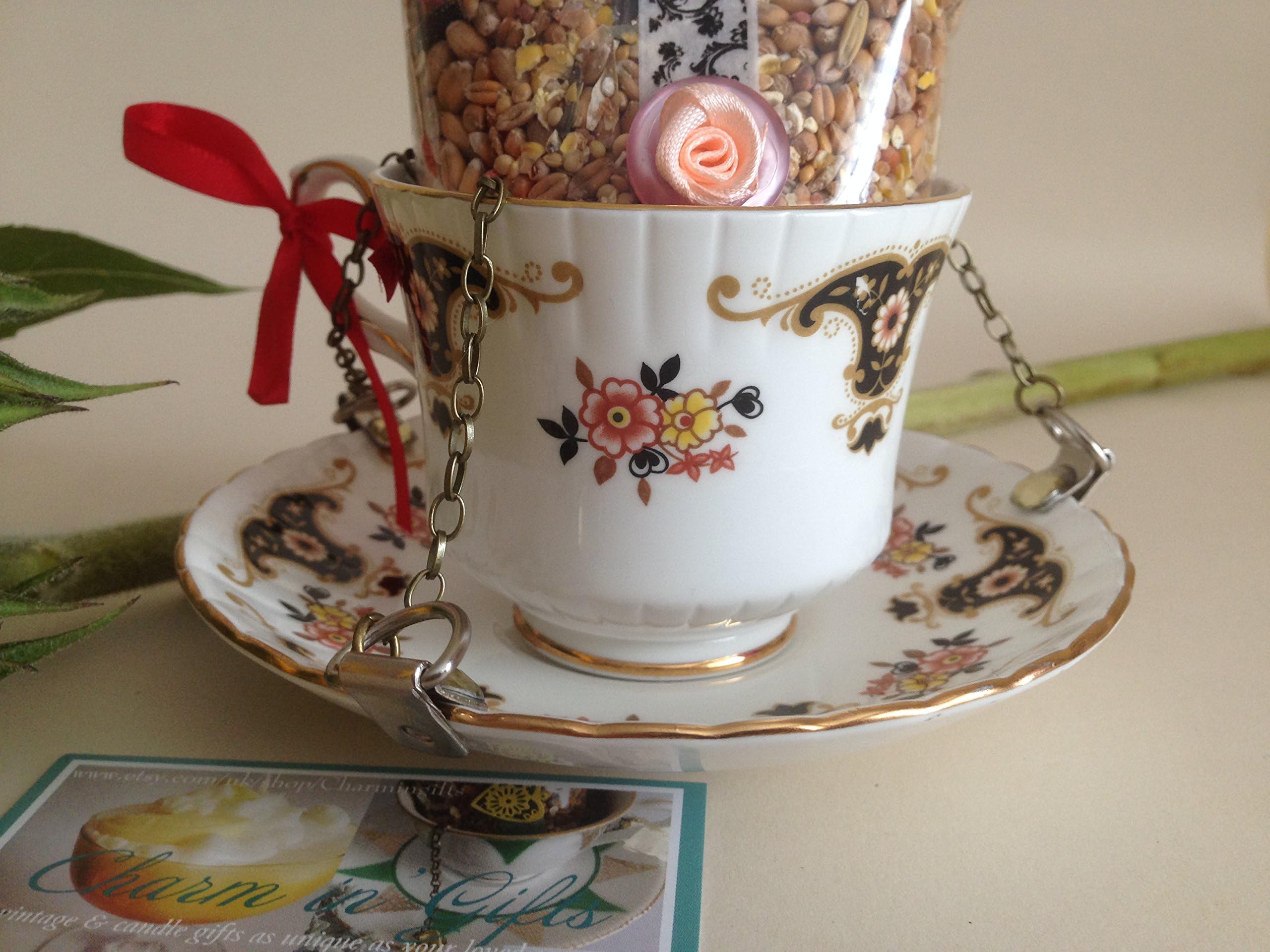 Tea cup bird feeder, china bird feeder, cup bird feeder, china bird feeder, garden decor, garden ornament, gardeners gift, Fathers Day gift