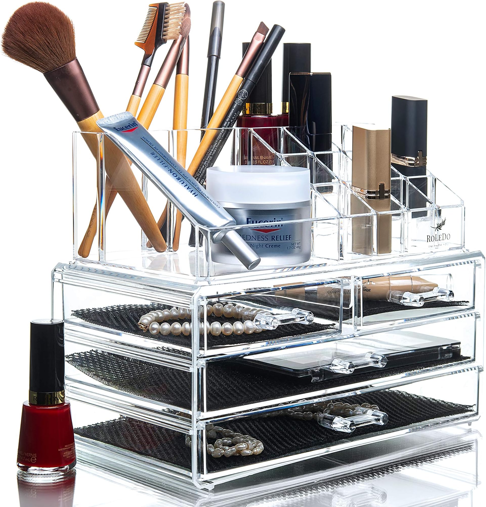 Clear Cosmetic Storage Organizer, Makeup Holder with Drawers and Jewelry Display, Small Acrylic Box with 4 Drawers, Great for Dresser ,Vanity and Countertop (Transparent)