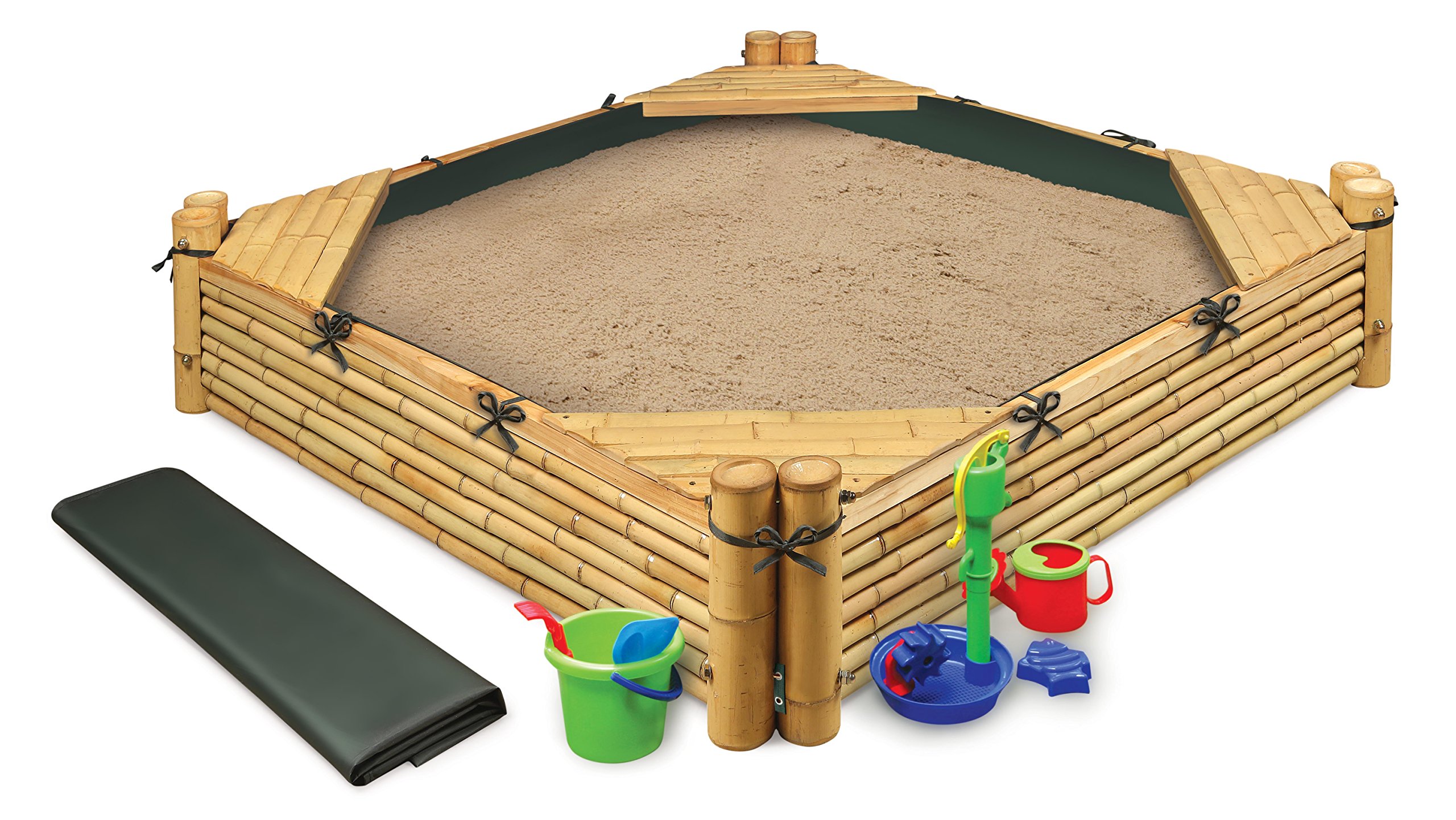 Badger Basket Bamboo Beach Sandbox with Liner and Cover, Natural/Green