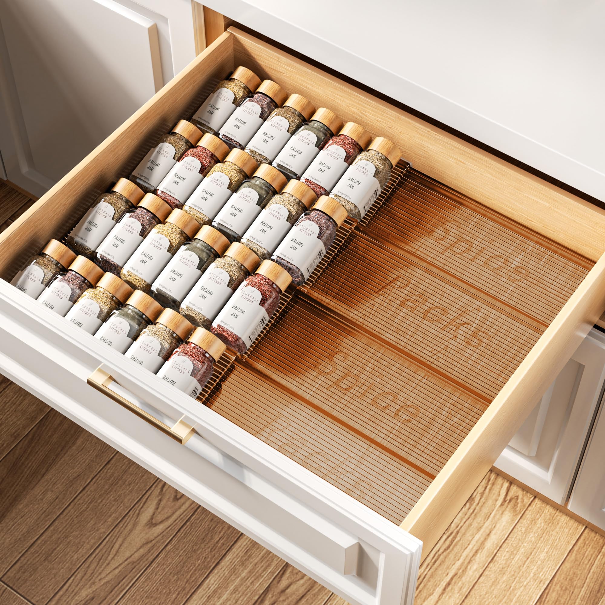 Photo 1 of PanPanPal Spice Drawer Organizer, 4 Tier- 4 Pack Amber Acrylic Drawer Seasoning Organizer, Expandable From 11'' to 22'' Kitchen Spice Rack Organizers and Storage for Drawer (Jars not included)
