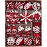 Valery Madelyn Christmas Ball Ornaments, 60ct Candy Cane Red and White Shatterproof Christmas Tree Decorations Set, Variety Decorative Hanging Ornaments for Xmas Trees Bulk Holiday Party Decor