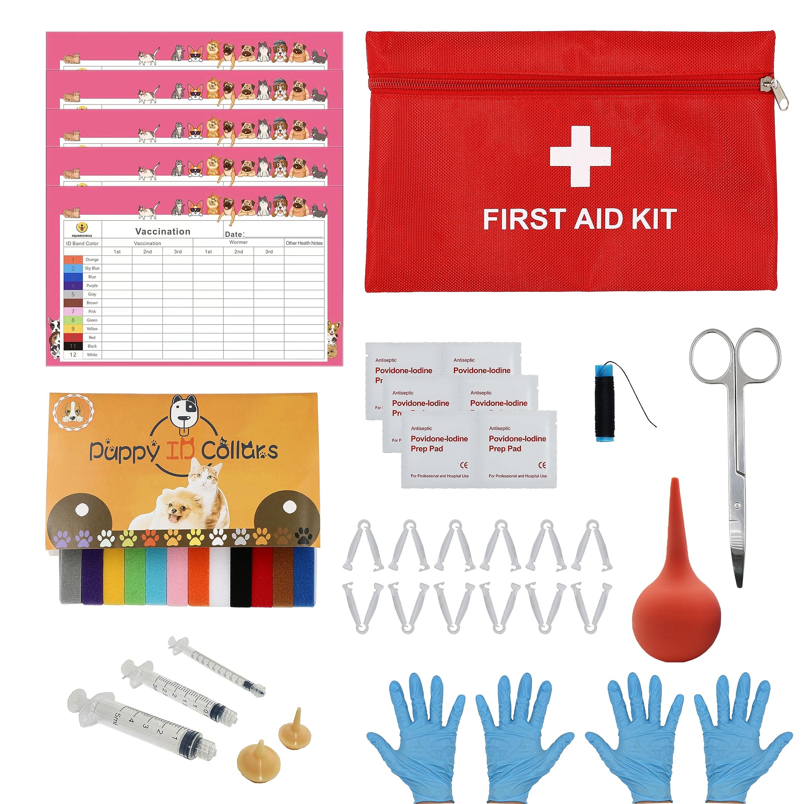 Photo 1 of SQUARECIRCLE Complete Dog Whelping Kit with Feeding Nipple, Record Keeping Charts, ID Collars, Aspirator, Cord Clamps & More - Essential for Newborn Puppies (Red no pad)