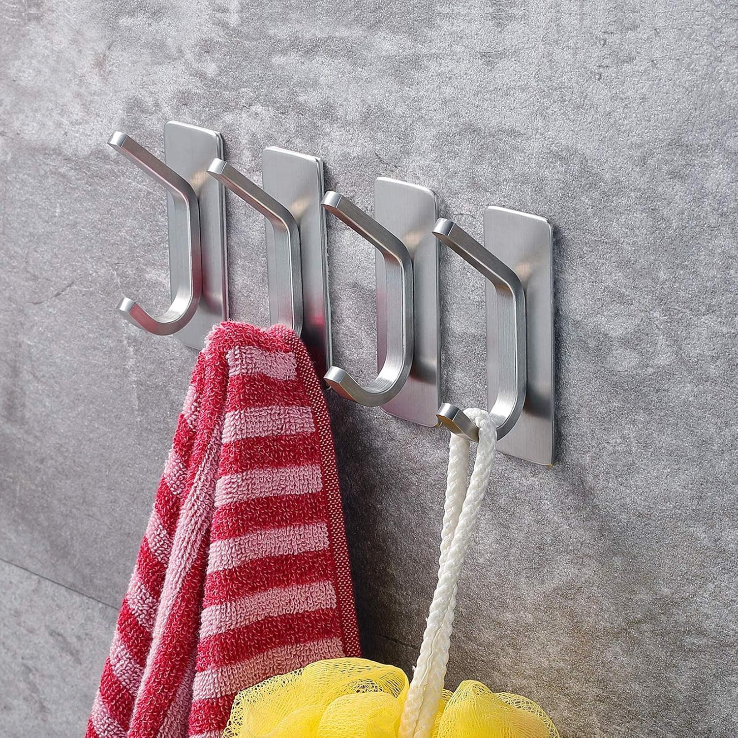 YIGII Towel Hook/Adhesive Hooks - Wall Hooks for Coat/Robe/Towels Stick on Bathroom/Kitchen 4-Pack, Stainless Steel - - 