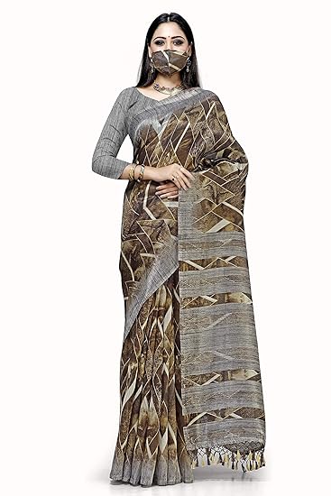 Women Ethnic Golden Digital Print Linen Saree with Blouse Piece With Matching Mask Sari