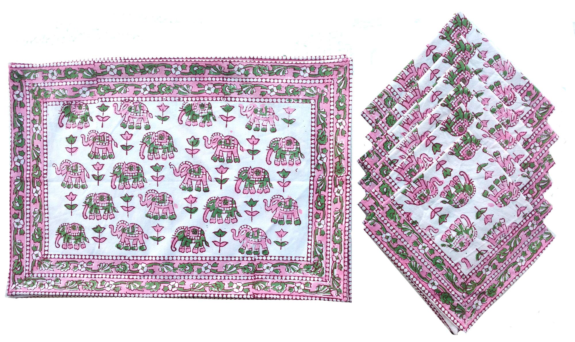 Rastogi Handicrafts Hand Block 100% Cotton Indian Style Theme Set of 6 Dining Table Mats and Napkins Place-mats Runners (PINK 4)