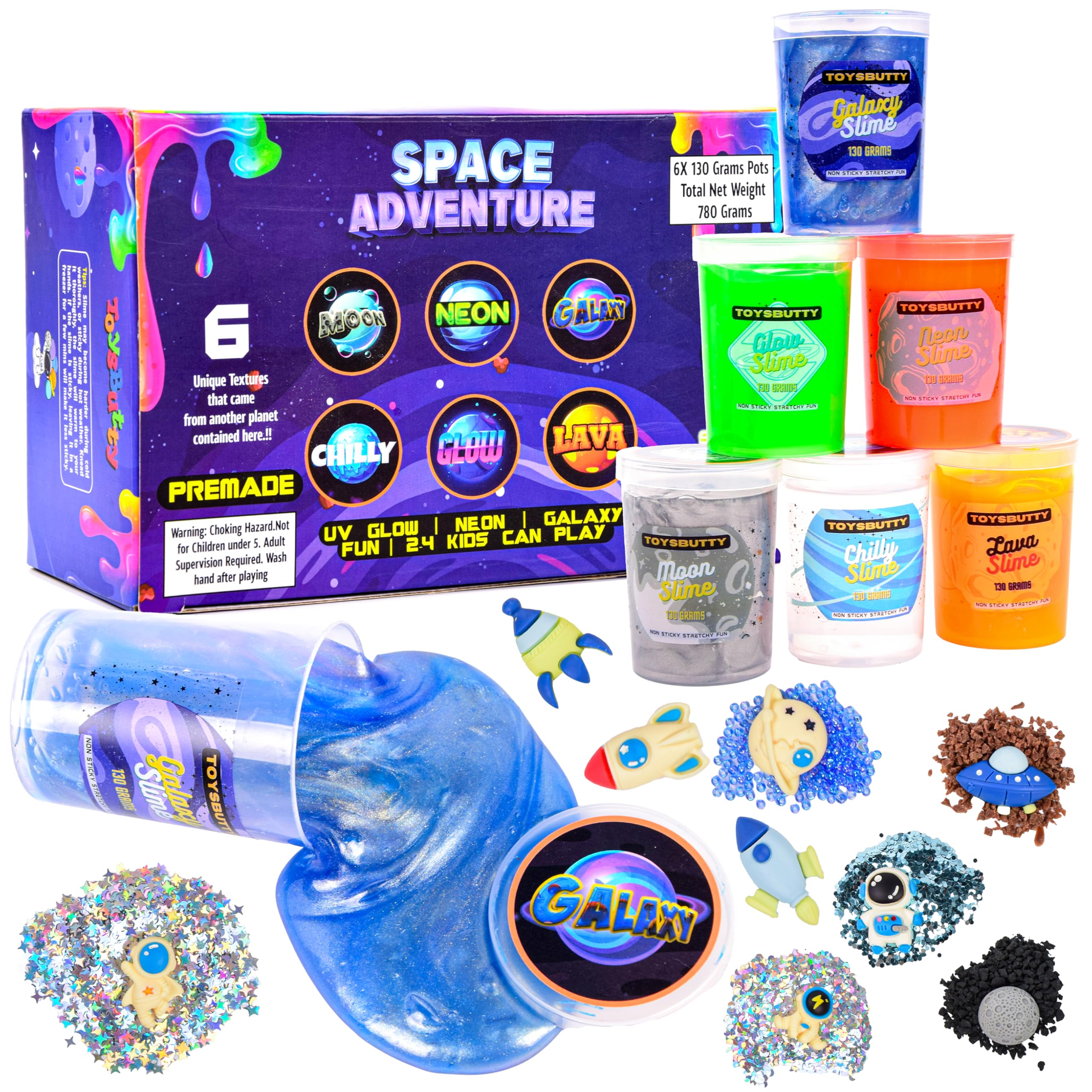 ToysButty Slime Kit for Girls Boys, 6 Galaxy Stretchy None Sticky Slime Educational Toys Set with Space Slime Charms & Galactic add ins, Neon Glow Metallic Slimes, Party Favor Sensory Putty Slime Toy