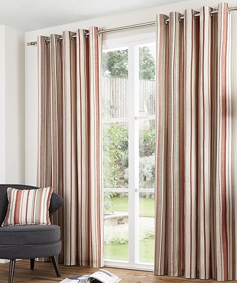 Melody Eyelet Lined Curtains 90 X 72 Stripe Spice Orange Cream