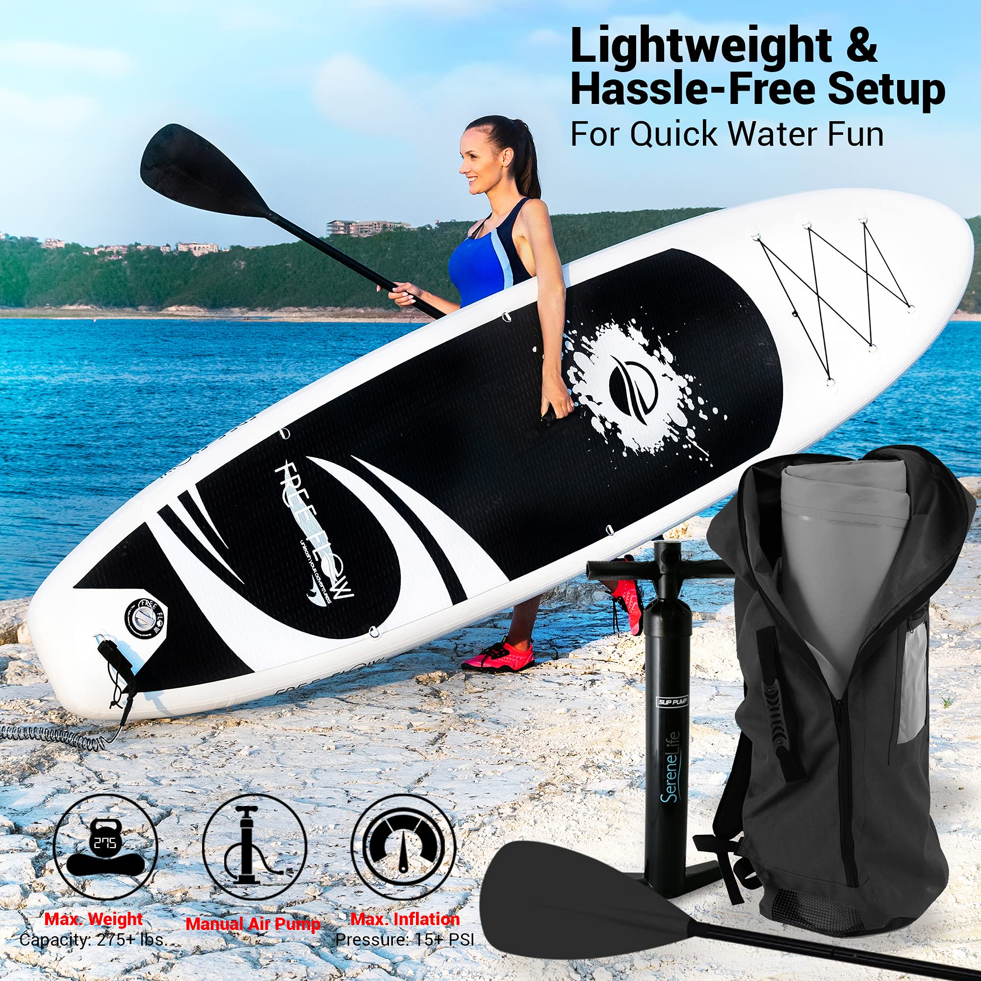 SereneLife Inflatable Stand Up Paddle Board (6 Inches Thick) With