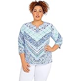 Alfred Dunner Chevron Scroll Knit Top Cotton with Split Neck (as1, Alpha, m, Regular, Regular, Standard, Multi)