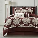 LANCO MODERN LIFESTYLE Burgundy King Size Comforter Set 7 Pieces, Jacquard Woven with Damask, Bedding Set in a Bag Includes Comforter, Bed Skirt, Pillow Shams, and Decorative Pillows
