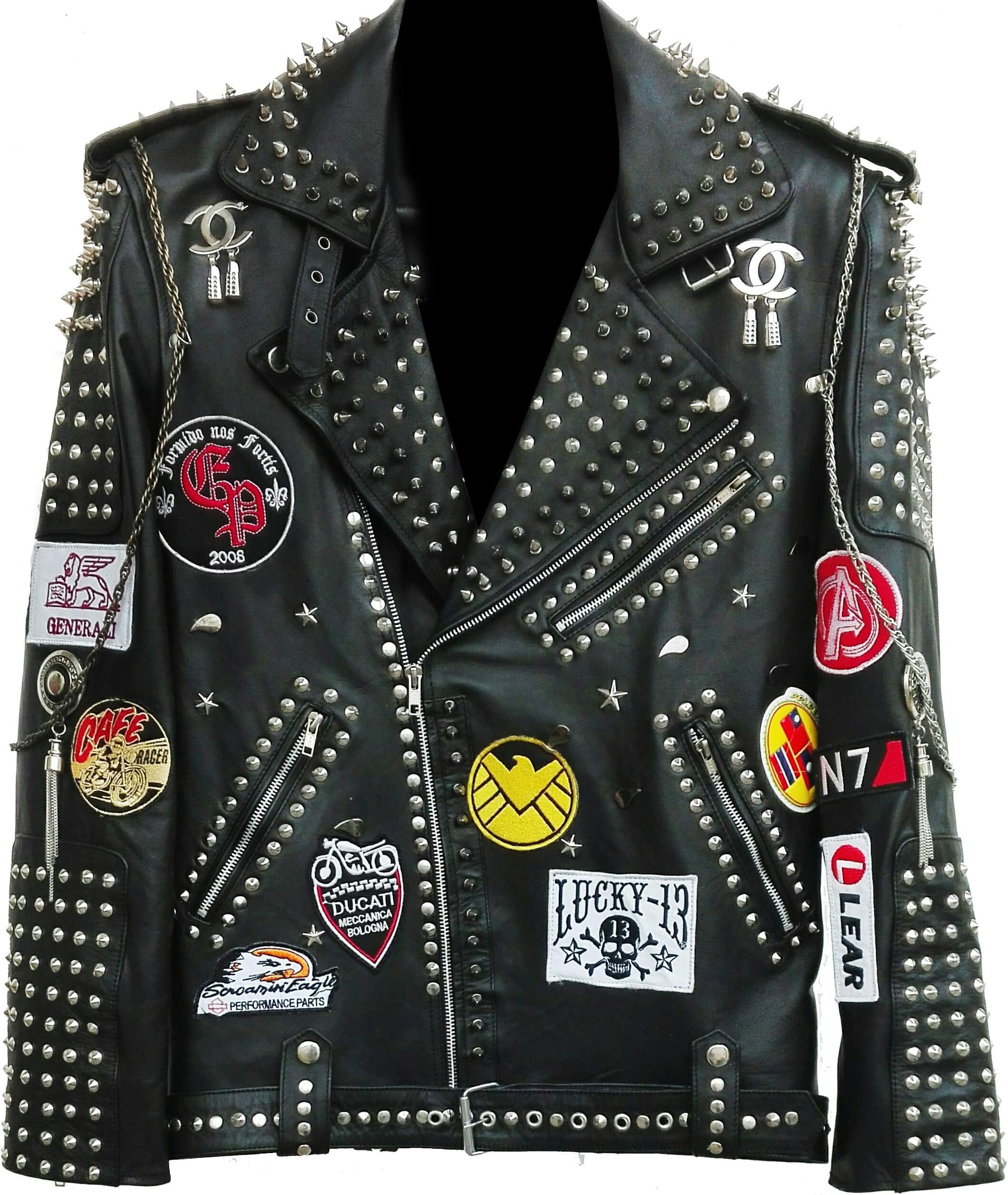 GWLS Mens Black Studded Leather Jacket Spikes Embroidery Patches Punk Vintage Biker Leather Jacket with Chains