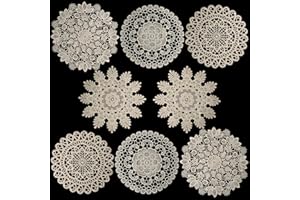 TEYOON 8 Pieces 8 Inch Cotton Lace Doilies Crochet Handmade Lace Coasters Round Lace Placemat Rustic Table Doilies Decors for Kitchen Dining Room Party Dressers Dream Catcher Decoration (Beige)
