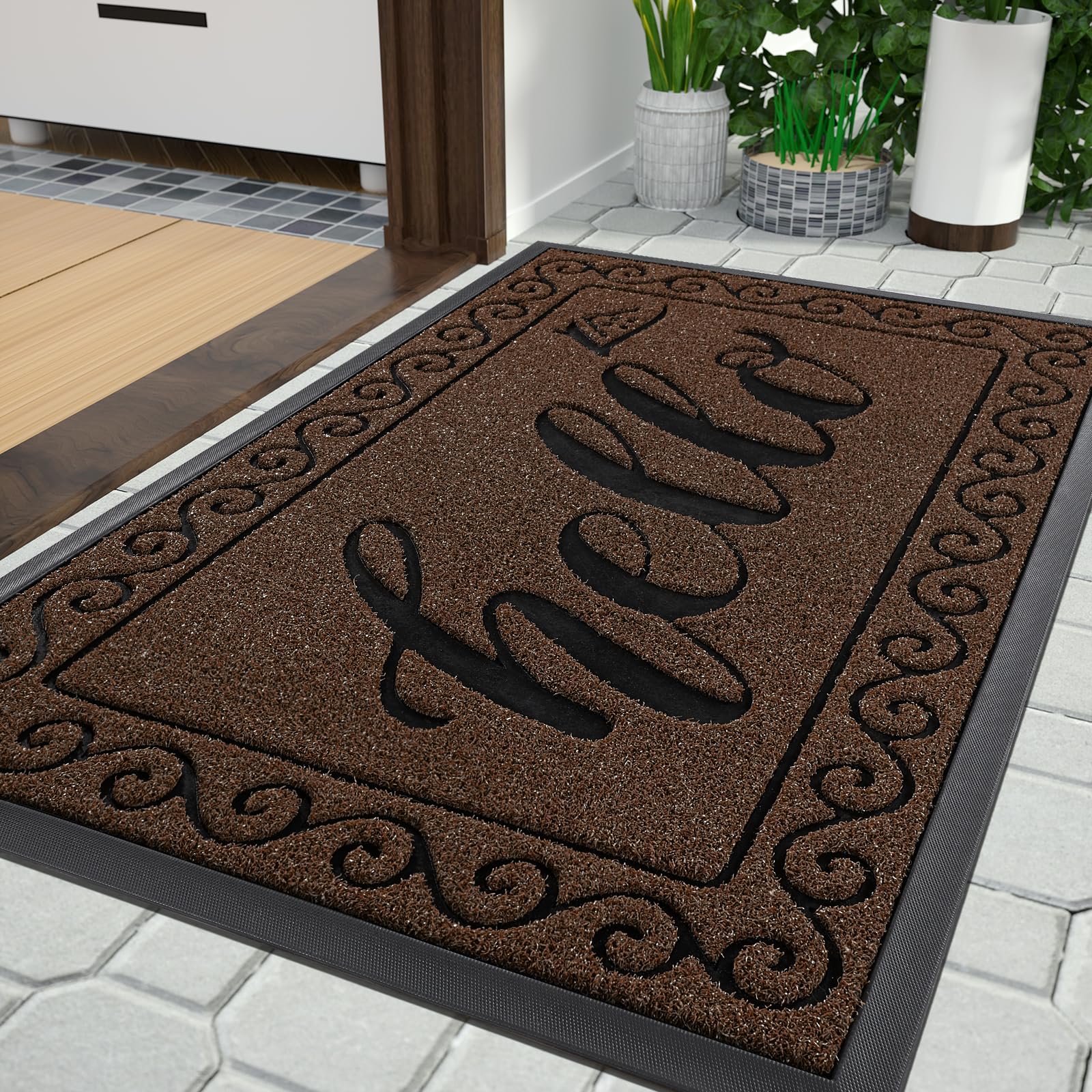 Yimobra Hello Front Door Mat, Heavy Duty Easy Clean Doormat Indoor Outdoor, Waterproof Quick Dry Floor Mat for Home, Garage, Hign Traffic Areas, Non Slip, Low Profile, 81x120 cm, Coffee