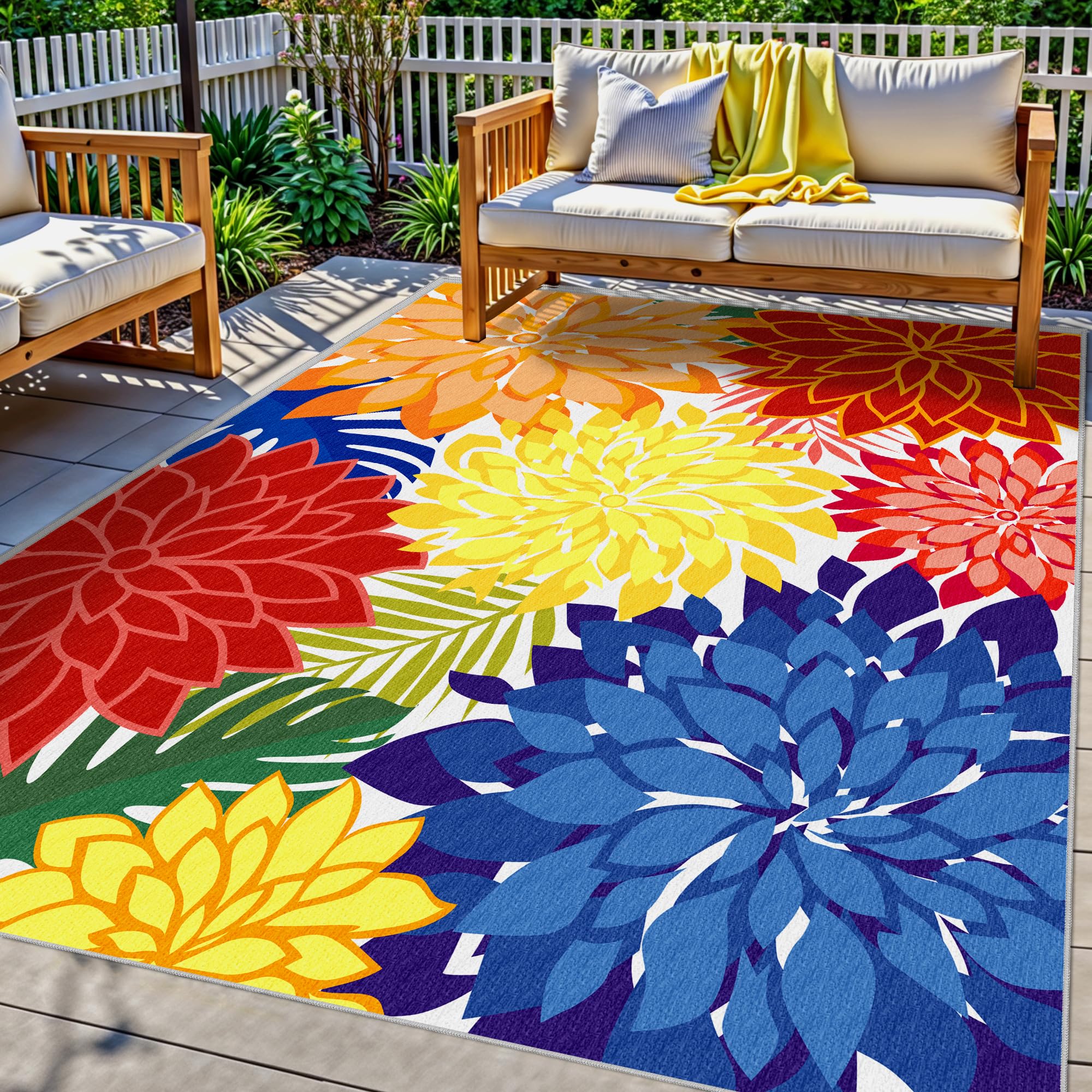 Photo 1 of Arenarug Indoor Outdoor Area-Rug Washable Multicolored Patio Rug Tropical Botanical Modern Floral Indoor Outdoor Carpet Non-Slip for Patio, Deck, Backyard, Porch (5x8)