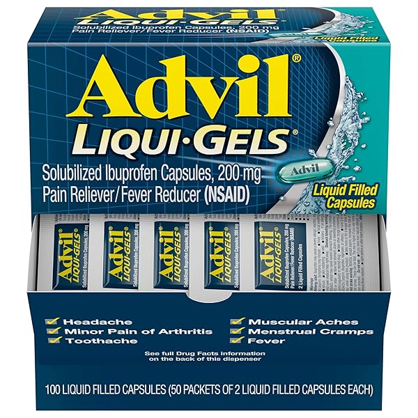 ADVIL LIQUI-GELS PAIN RELIEVER AND FEVER REDUCER, PAIN MEDICINE FOR ADULTS WITH IBUPROFEN 200MG FOR HEADACHE, BACKACHE, MENSTRUAL PAIN AND JOINT PAIN RELIEF – 50X2 LIQUID FILLED CAPSULES