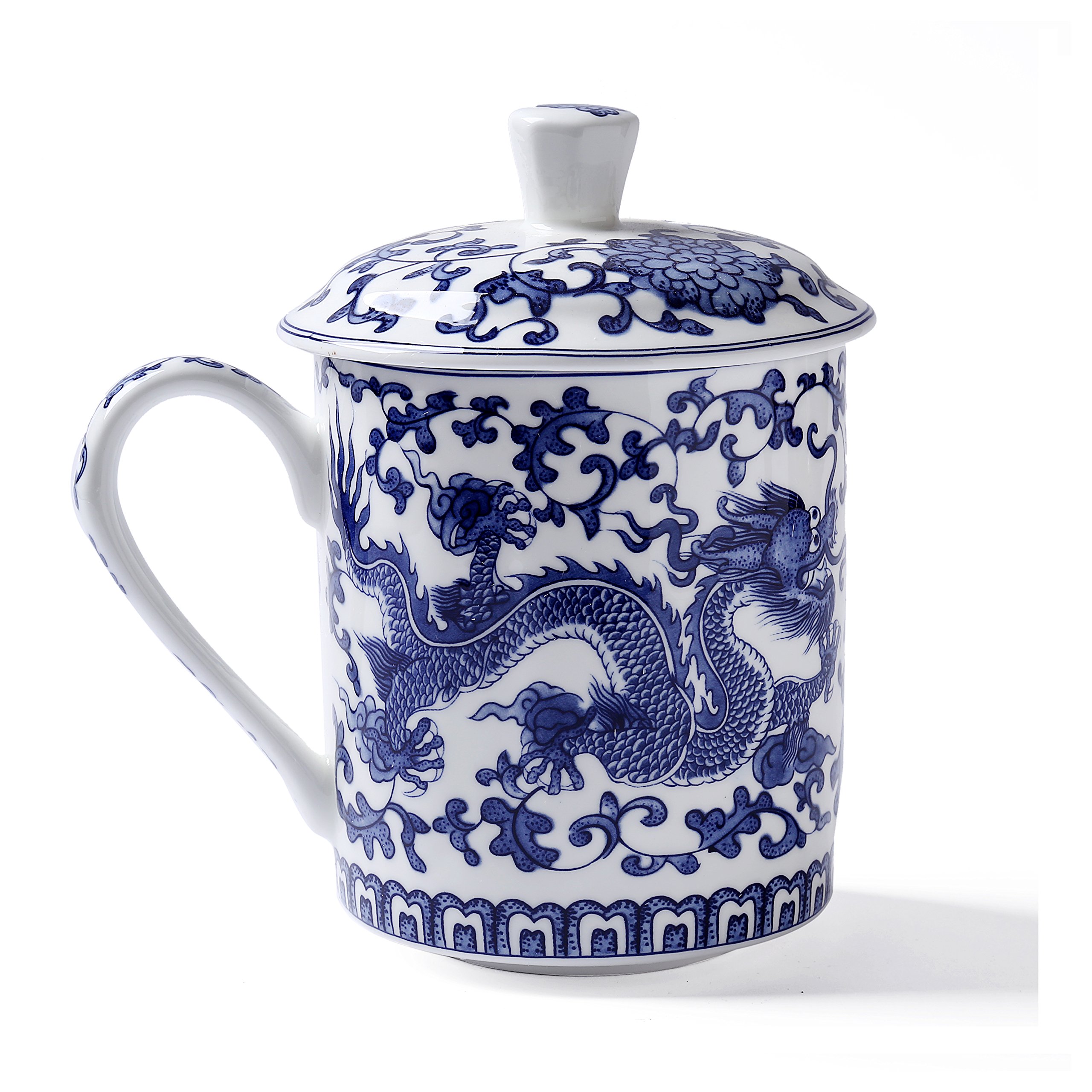 ufengke Blue Dragon Pattern Teacup,Jing Dezhen Blue and White Porcelain Tea Cup with Lid, for Gift and Household,Office,500ml