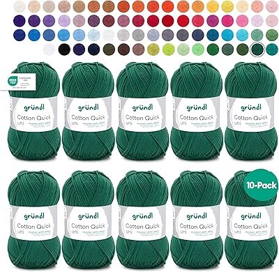 Gründl Wolle Cotton Quick uni - dünne Wolle zum Häkeln - Strickgarn - Häkelgarn - Glänzend und hautfreundlich - 100% Baumwolle - 10 Knäuel 50 g / 125 m - Nadelstärke 3-4 - tannengrün