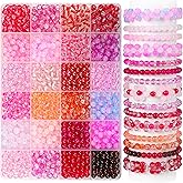 1200PCS 6mm Valentine's Day Glass Beads for Bracelets, 24 Colors Red and Pink Series Crystal Beads for Jewelry Making and DIY Crafts Valentines Party Decoration Necklace Romantic Accessories