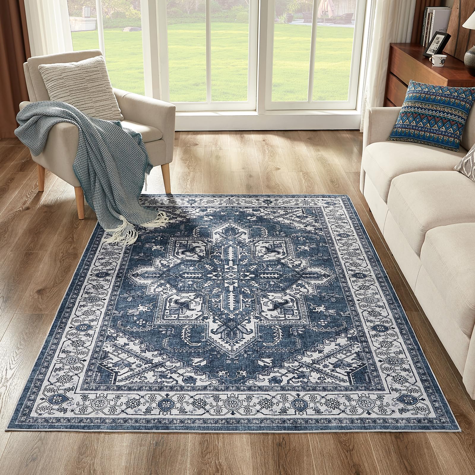 Photo 1 of WITSHOCK Blue Washable Rugs 5x7 - Vintage Boho Stain Resistant Foldable Carpet, Washable Dining Room Rugs for Under Table, for Living Room Bedroom Playroom Office Kitchen Farmhouse Rug