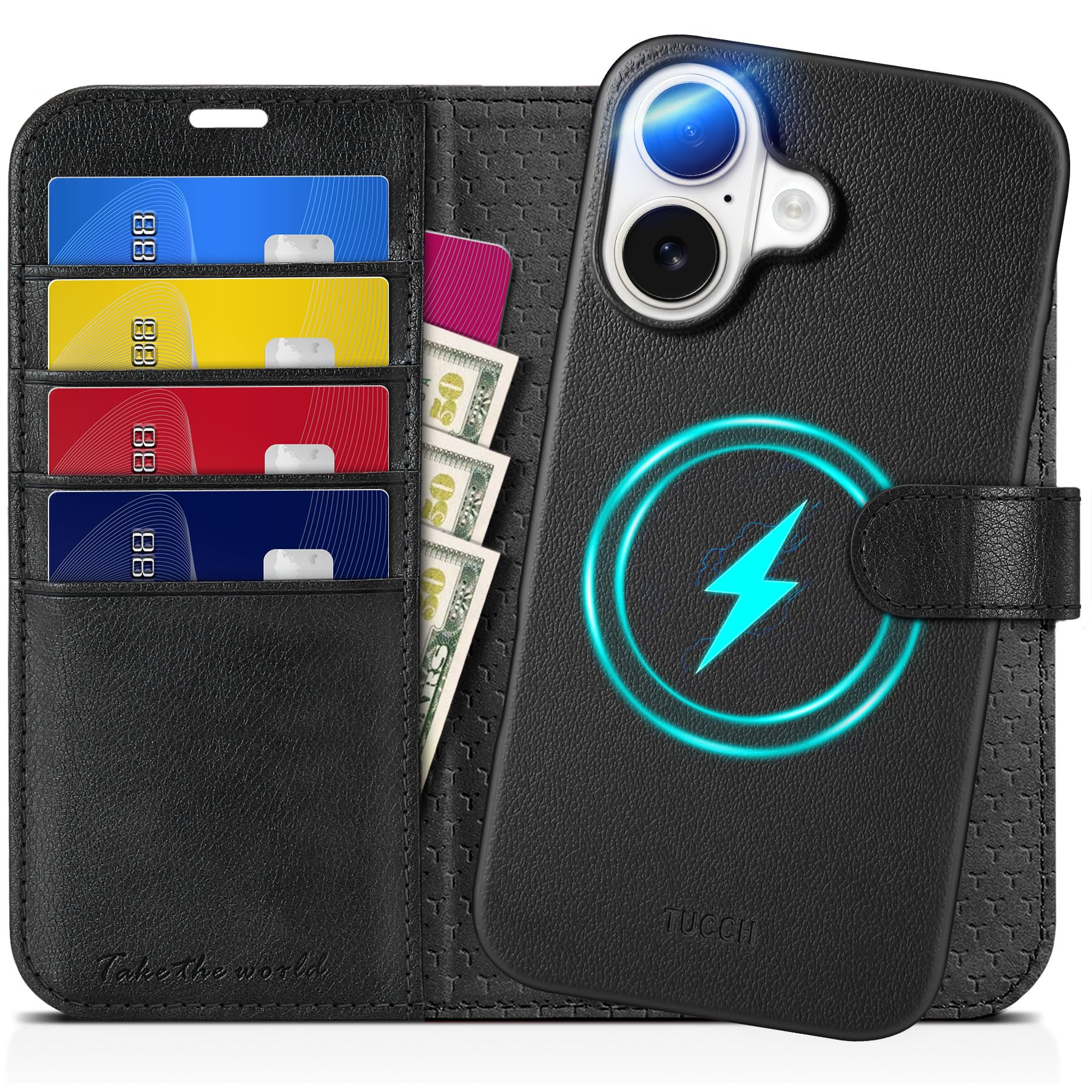 TUCCH Case for iPhone 16 (6.1") 2024, [Detachable]2 in 1 Wallet Stand Flip Cover with[RFID Blocking][Wireless Charging][Card Holders]Shockproof Magnetic PU Leather Removable Folio, Full Textured Black