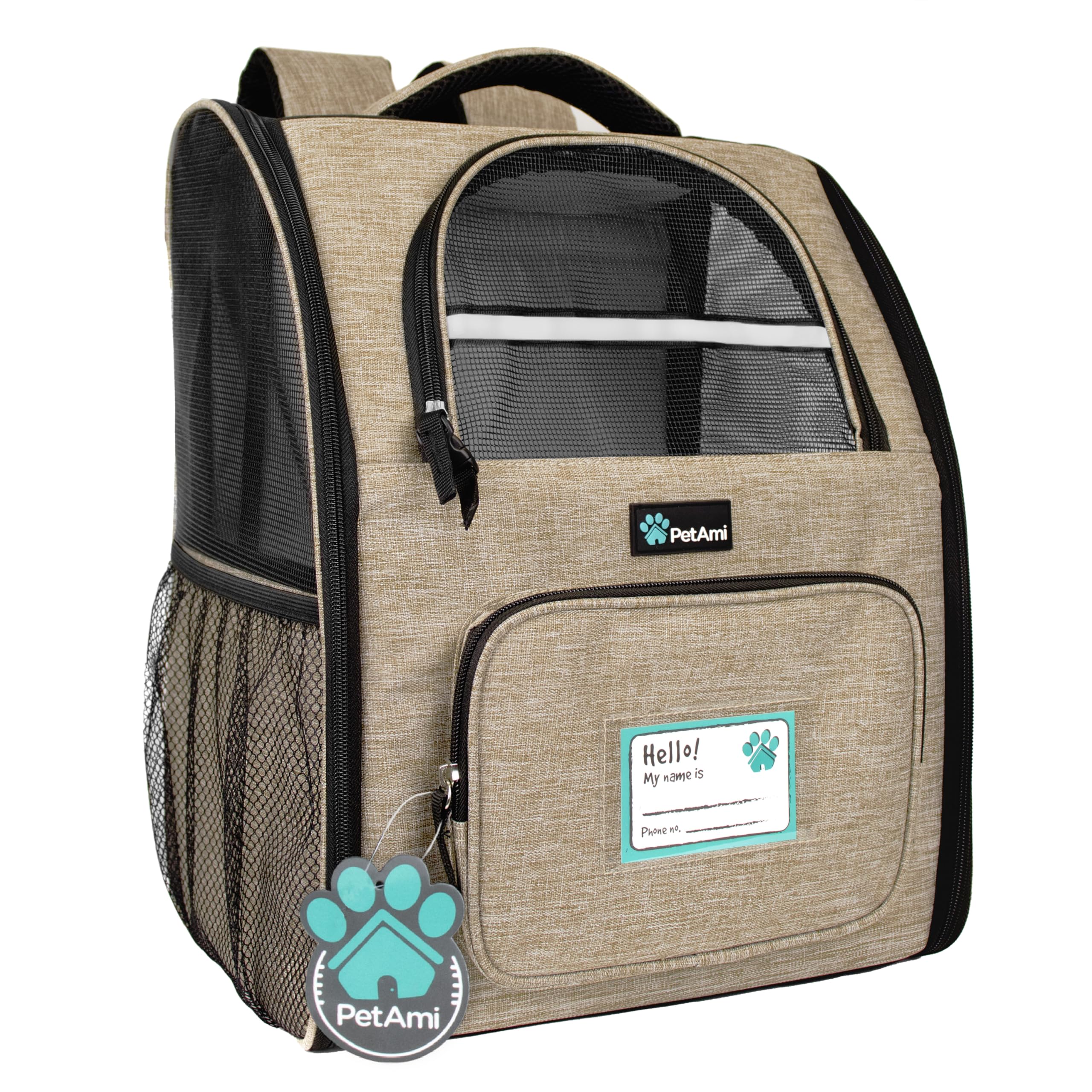 PetAmi Dog Backpack Carrier for Small to Large Pets & Cats - Ventilated Pet Hiking Backpack Travel Bag, Airline & Camping/Biking Dog Bag, Up to 18lbs, Taupe