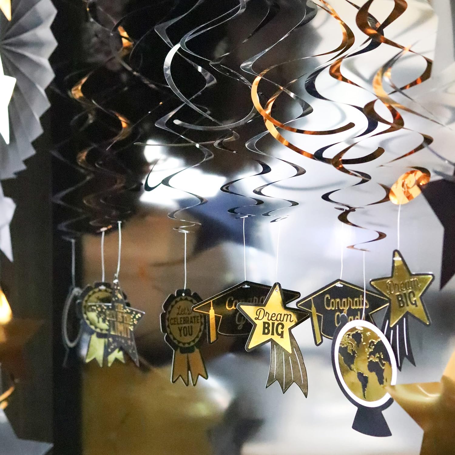 JOYIN 19 Pcs 2021 Graduation Decoration Set Includes 1 Congrats Grad Banner and 18 pcs Hanging Swirls Strings, Black Gold Graduation Party Decoration, Graduation Party Supplies: Toys & Games