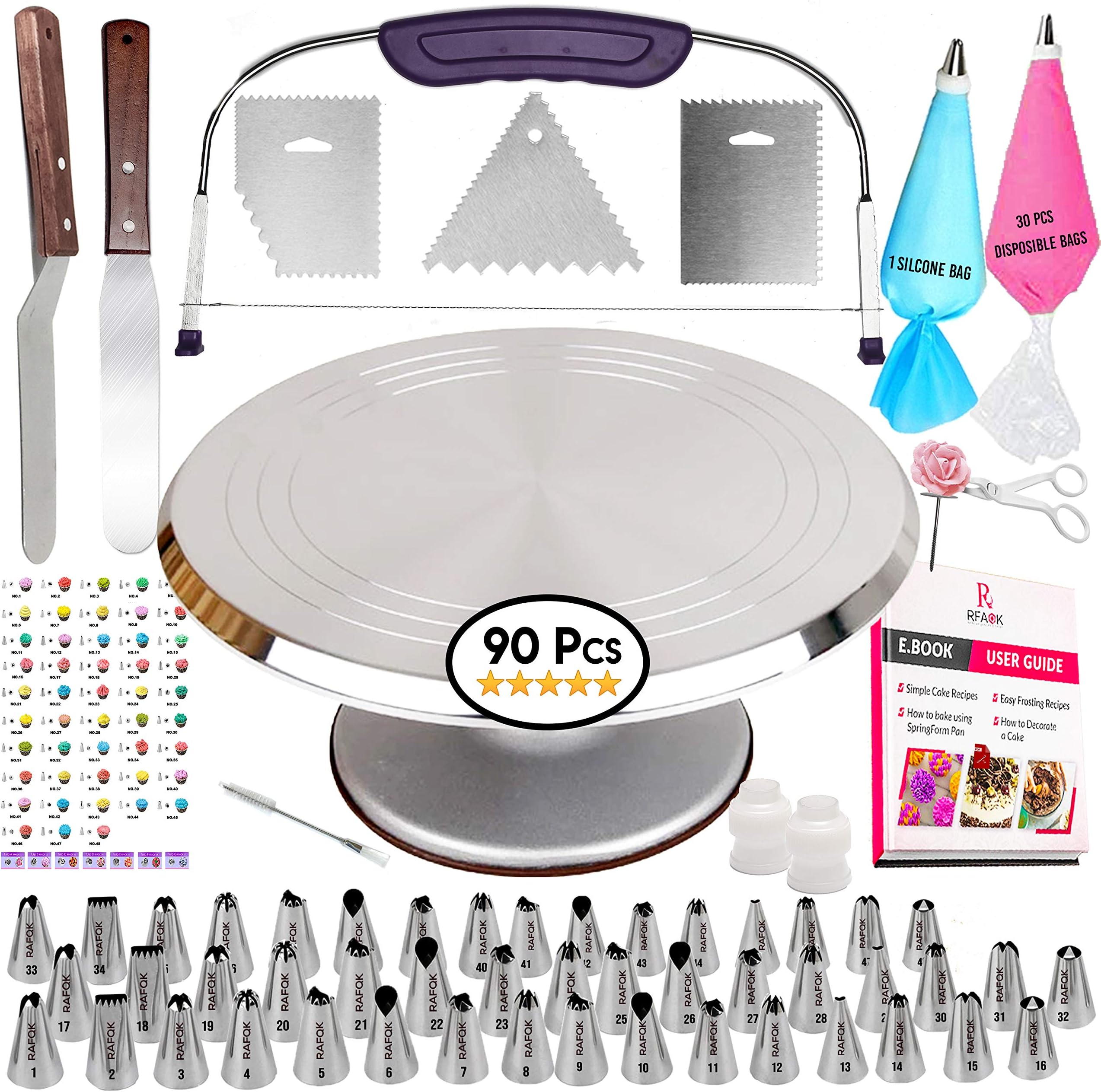 50 PCs Aluminum Cake Turntable Rotating Stand- Professional Cake Decorating Tools Kit with Straight & Offset Spatula- 7 Icing Tips and Bags for Decoration -Cake Leveler & EBook for Beginners
