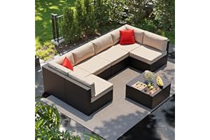Shintenchi 7 Pieces Patio Furniture Sets Outdoor All-Weather Sectional Patio Sofa Set PE Rattan Manual Weaving Wicker Patio Conversation Set with Glass Table&Ottoman Cushion and Red Pillows, Beige