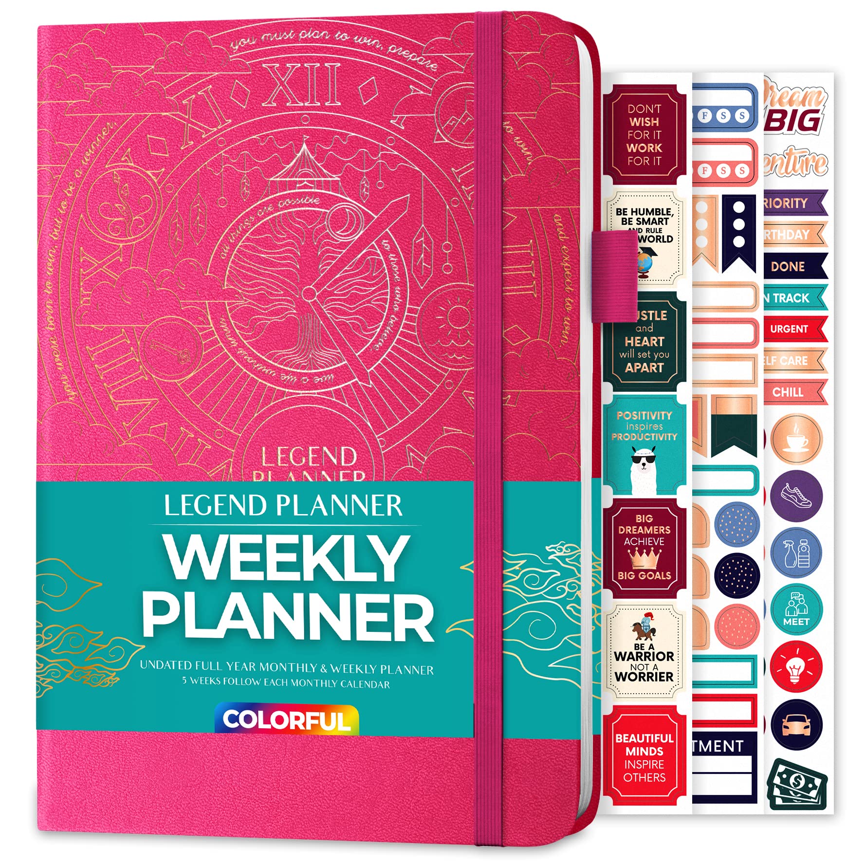 Legend Weekly Colorful Planner 2nd Edition – Undated Life & Work Agenda Journal for Time Management, Goal Setting, Productivity, Tasks & To Do Lists – A5 size, Hardcover - Hot Pink Gold Foil