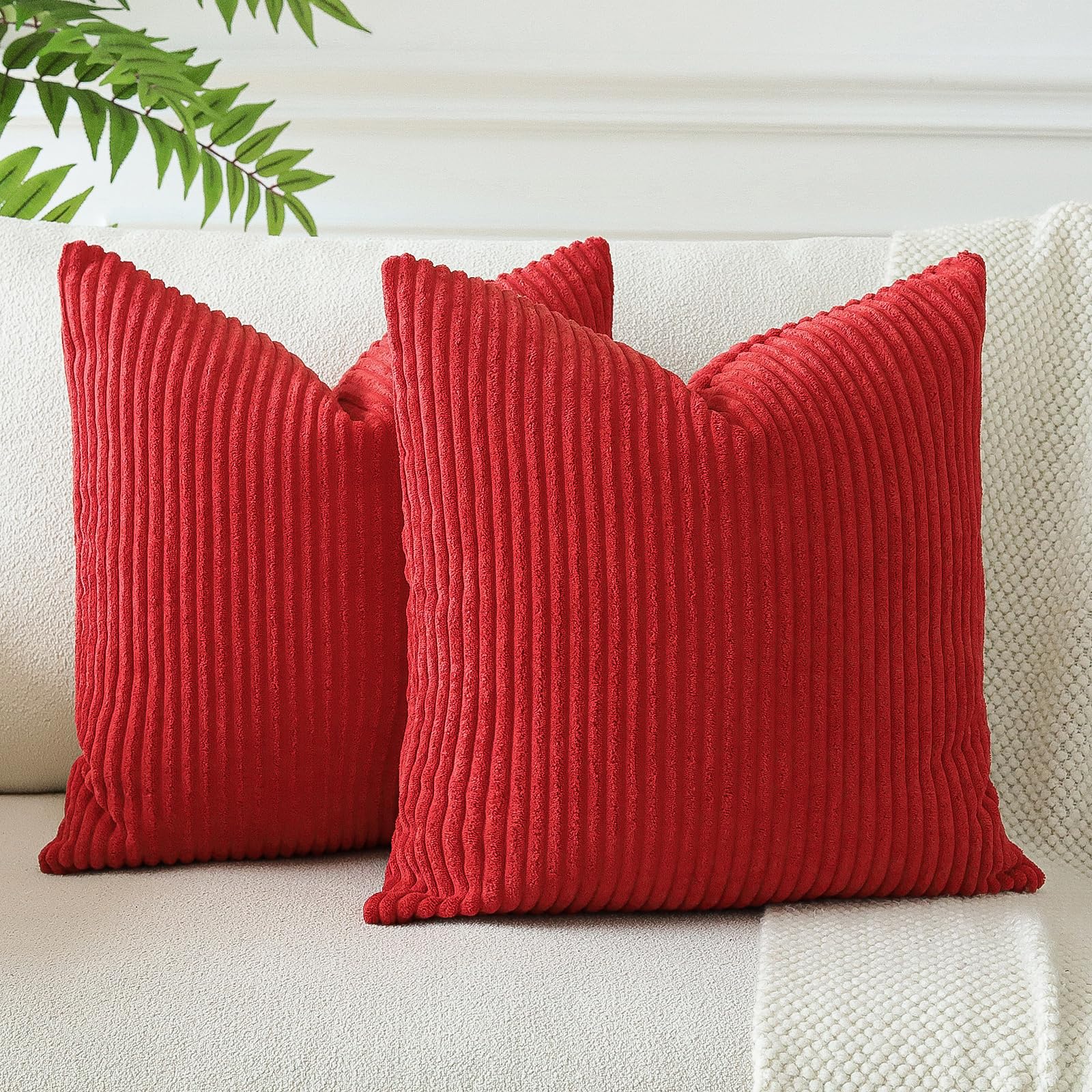 JOTOM Set of 2 Corduroy Soft Striped Cushion Covers 45x45 cm Boho Decorative Throw Pillow Covers Square Cushion Case Pillowcases for Couch Sofa Bedroom Chair Home Decor 18x18 Inch (Red) — image 1