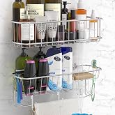 Simple Houseware Adhesive Wall Mount Shower Caddy w/Hooks, Chrome, 2 Pack | 5.4" D x 16" W Caddies, High Caddy:4.25" H, Low Caddy: 6.25" H