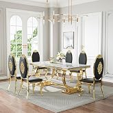 70" Marble Dining Table Set for 6 Gold Base with Kitchen Chairs | Faux Marble Mirror Stainless Steel Legs Modern Table and Leather Chairs Set for Kitchen Home