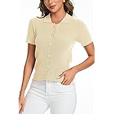 BERESIA Women's Button Down Short Sleeve Polo T Shirts Ribbed Knit Slim Fitted Basic Summer Top
