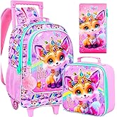 FTJCF 3Pcs Rolling Backpack for Girls, Kids Roller School Backpack with Wheels, Fox Wheeled Bookbag for Elementary Preschool Kindergarten(Pink)
