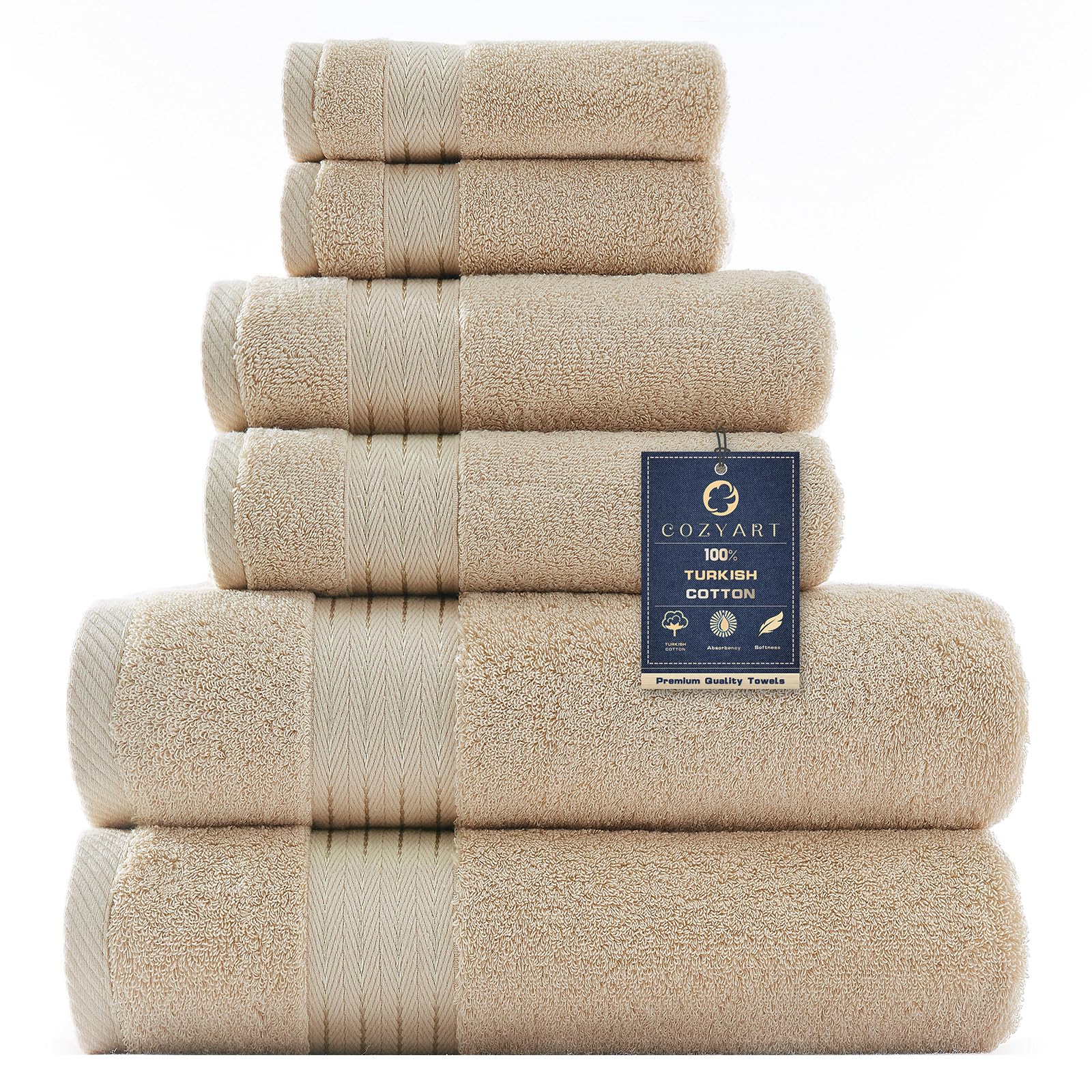 Photo 1 of COZYART Beige Bath Towel Set, Turkish Cotton Hotel Large Towel Bulk for Bathroom, Thick Bathroom Set of 6 with 2 Bath Towels, 2 Hand Towels, 2 Washcloths, 650 GSM