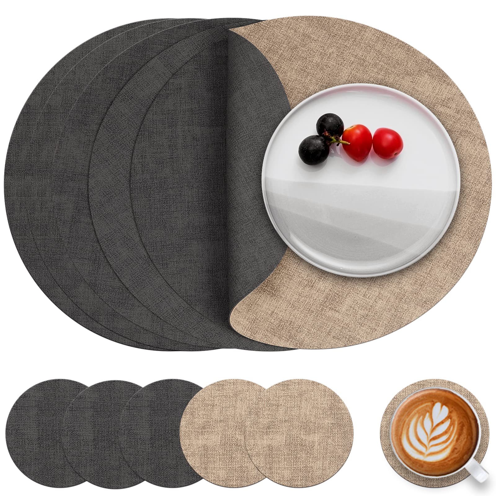Myir JUN Leather Placemats and Coaster Set of 6, Table Mats Round Waterproof Dual Sided Kitchen Place Mats Coffee Mats Heat Resistant Placemat Non-Slip Washable (set of 6, Gray Beige)