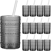 HomeVogue Vintage Hobnail Drinking Glasses Set of 12, 15oz Textured Tumblers - Embossed Grey Bar Glasses for Cocktails, Beer, Whiskey, Dishwasher-Safe Highball Cups for Kitchen, Juice & Mixed Drinks