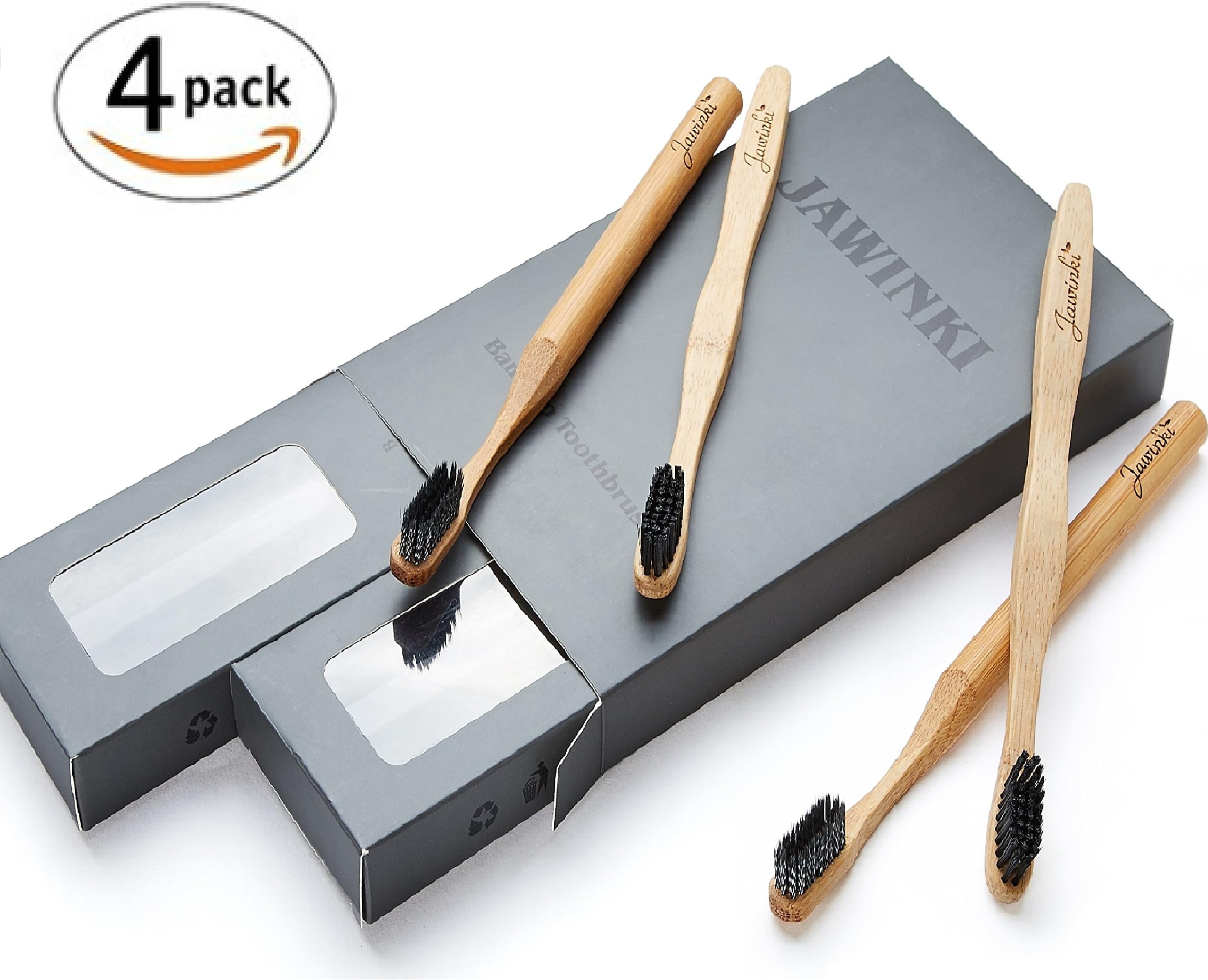 JAWINKI 4 Pcs Bamboo Toothbrushes with Soft Black Charcoal and Superfine Spiral Charcoal Bristles | Natural Dental Cleaning | Teeth Whitening | 100% Organic and Biodegradable | for Adults | Gift Set