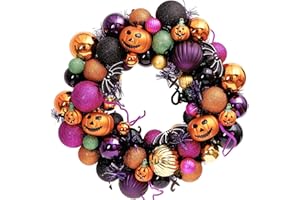 Valery Madelyn Halloween Ball Wreath for Front Door with Lights, 20 inch Pre-Lit Cute Treat-or-Trick Pumpkin Wreath Shatterproof Ball Ornament for Centerpiece Indoor Party Holiday Wall Home Decor