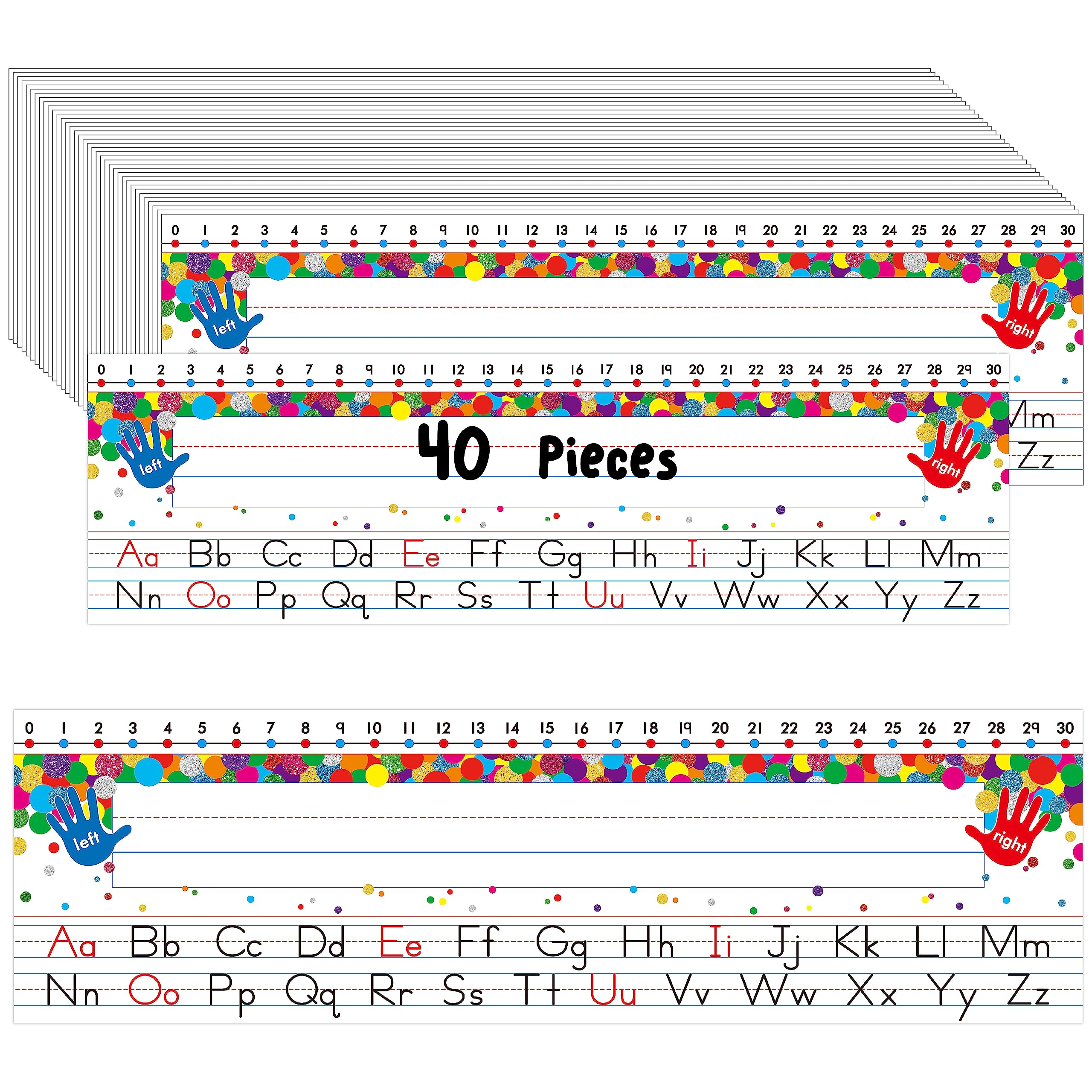 40 PCS Desk Nameplates, Waterproof Confetti Desk Name Tags with Alphabet, Number Line 1-30 Erasable and Reusable Traditional Manuscript Name Plate for Classroom School Student (12” x 3.5”) — image 1