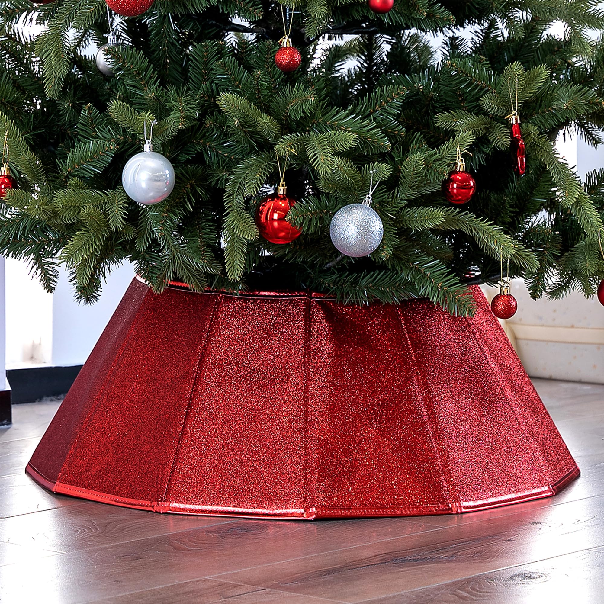 Photo 1 of **SMALL**Blissun Fabric Christmas Tree Collar, Glittering Tree Ring, Willow Tree Skirt for Christmas Decorations (Glitter Red)