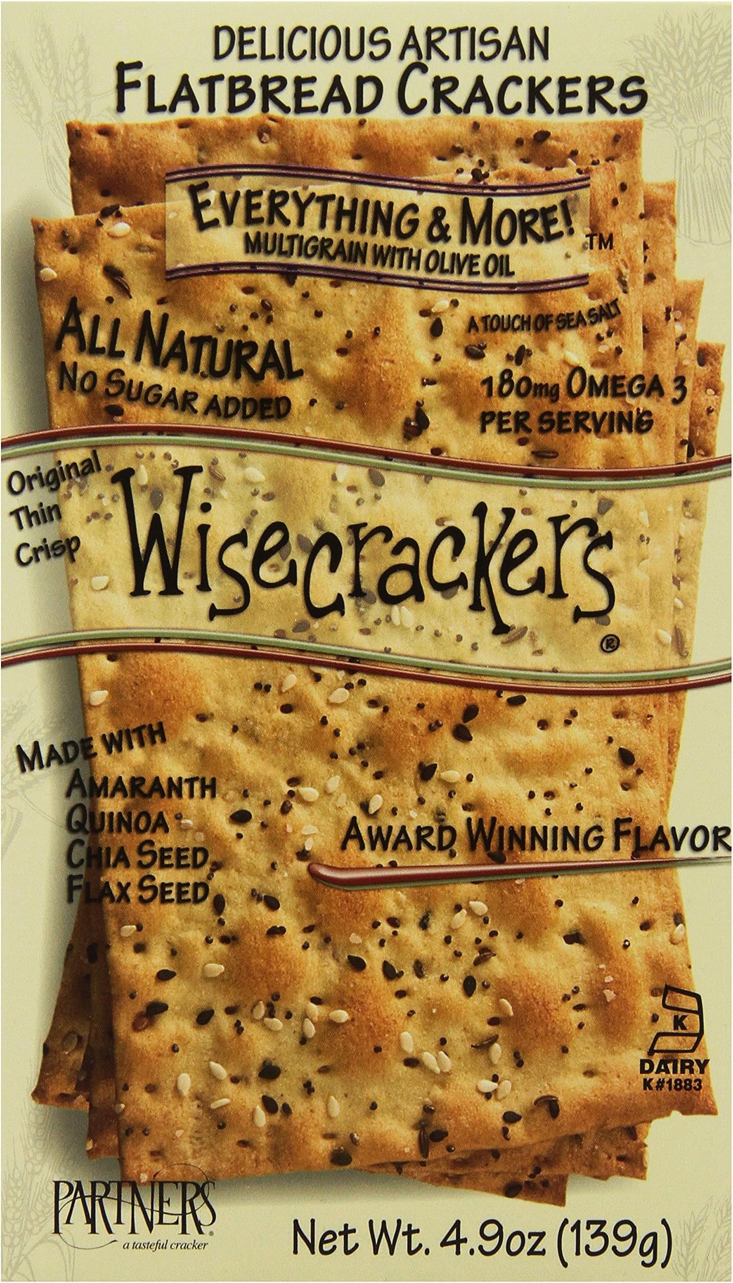 Partners Wisecrackers Low Fat Artisinal Flatbread Crackers, Everything & More, 4.9 Oz (Pack Of 6)