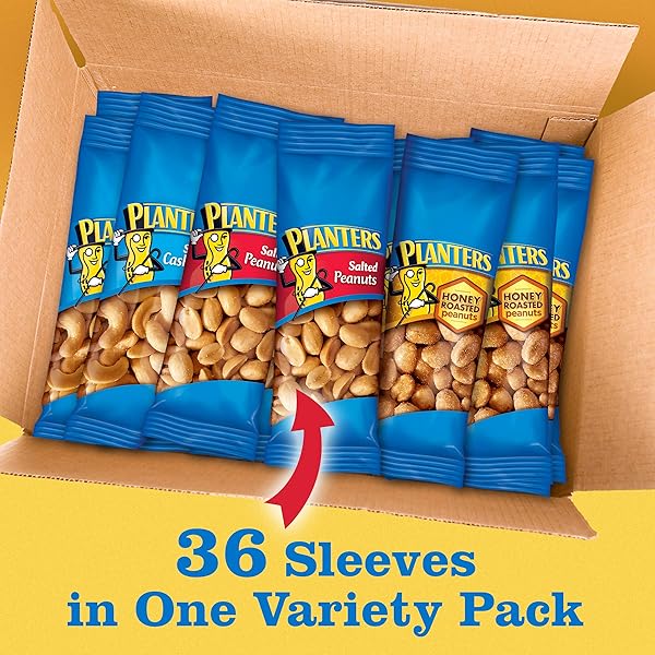 PLANTERS VARIETY PACK, SALTED CASHEWS, SALTED PEANUTS & HONEY ROASTED PEANUTS, ON-THE-GO NUT SNACKS, INDIVIDUALLY PACKED SNACKS, MIXED NUTS, KOSHER, (36 COUNT)